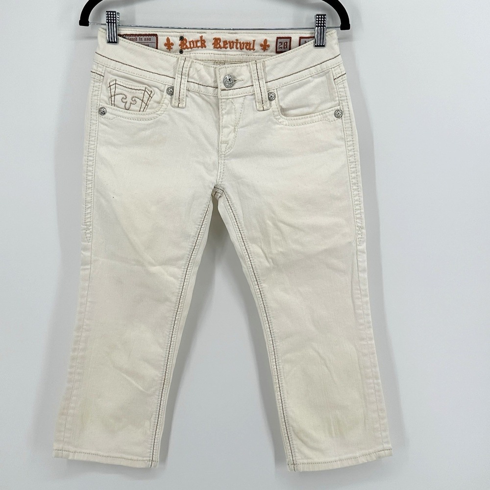 Rock Revival Jeans Womens 28 White Alanis Capri Embroidered Pockets Stretch